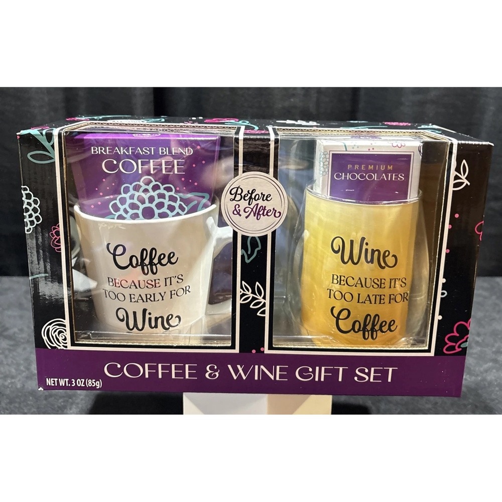 Before & After Coffee Mug Stemless Wine Glass Gift Set NEW. Too Late For Coffee